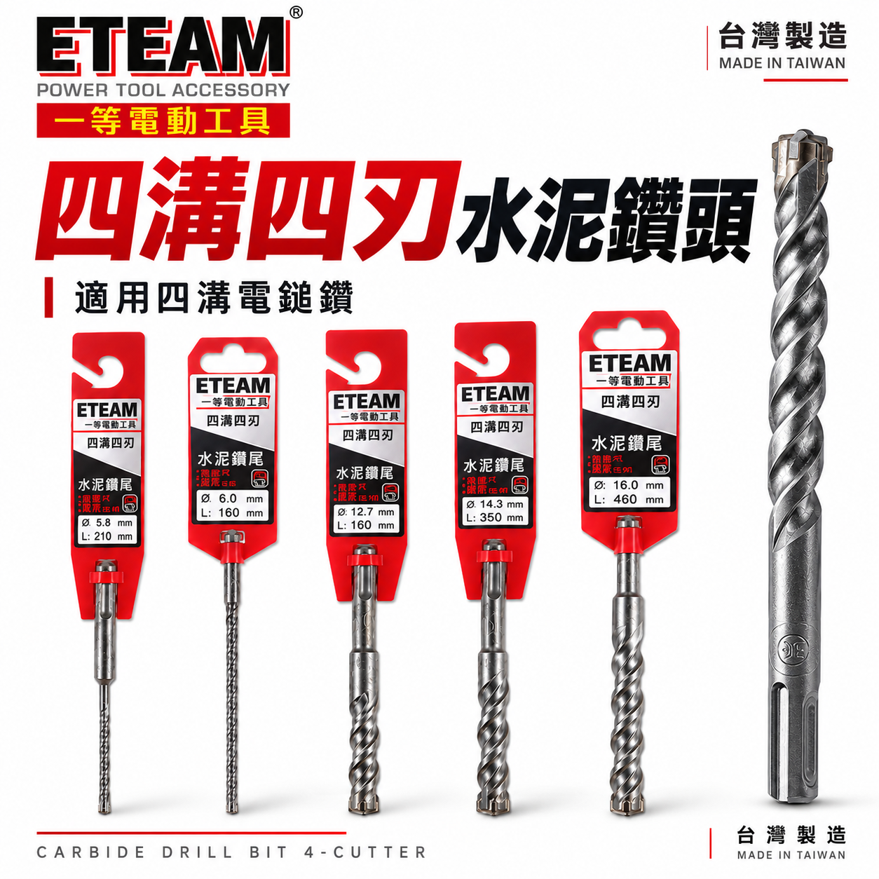 ETEAM 一等 台灣製｜17.5mm 長160-460｜四溝四刃水泥鑽頭｜四溝4刃水泥鑽尾 免出力電鑽用 SDS