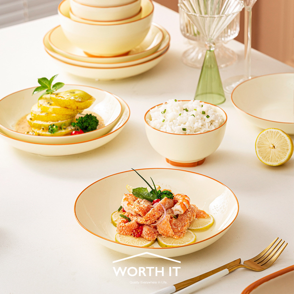 【Worth it渥思】奶油復古線條陶瓷碗盤_碗 / 盤20.5cm(兩款可選)|入厝禮推薦