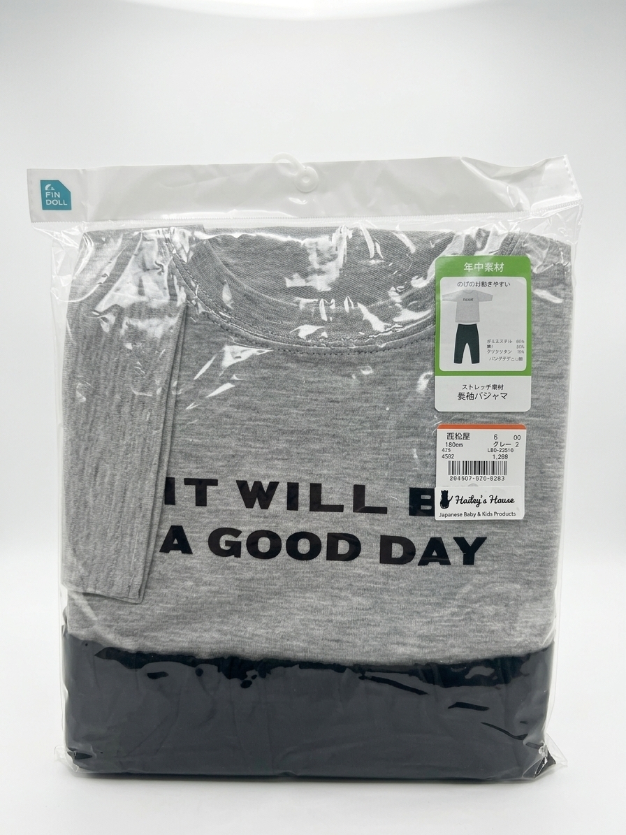 【Nishimatsuya】High-Stretch Slogan "A GOOD DAY" Kids Long-Sleeve Pajamas Set