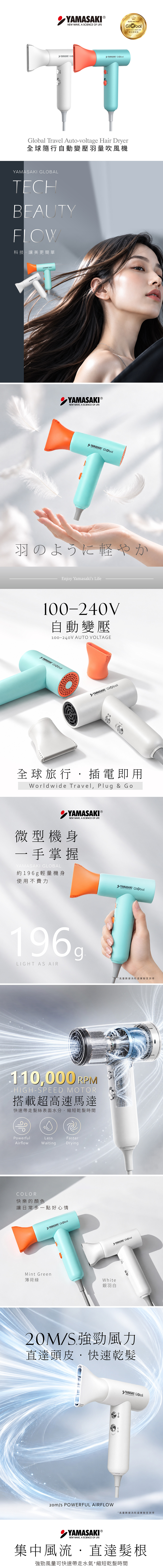 全球旅行插電即用!196g 手機級微型機身,出國再也不怕飯店吹風機難用!11萬轉高速馬達大風量與高濃度負離子護髮,讓您在旅途中也能輕鬆吹出沙龍級的柔順秀髮。