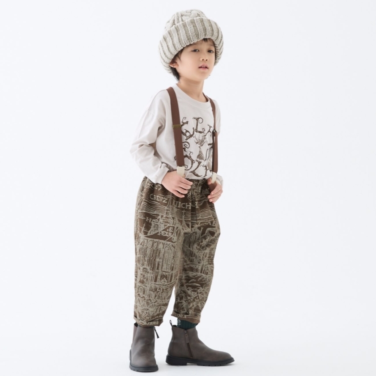 ELFINFOLK 城堡印花吊帶長褲(吊帶可拆) Castle Town print Suspenders Pants - brown
