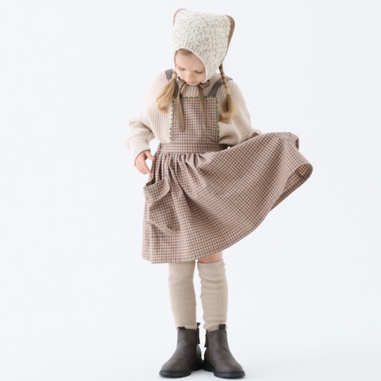ELFINFOLK 經典格紋拼接綠邊吊帶裙 Country Check Pinafore Dress - beige