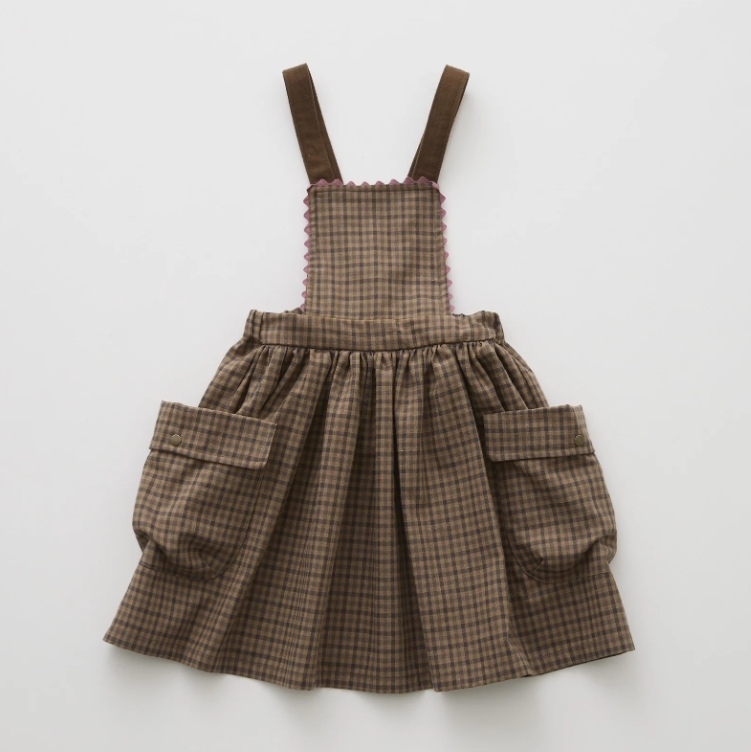 ELFINFOLK 經典格紋拼接粉邊吊帶裙 Country Check Pinafore Dress - brown