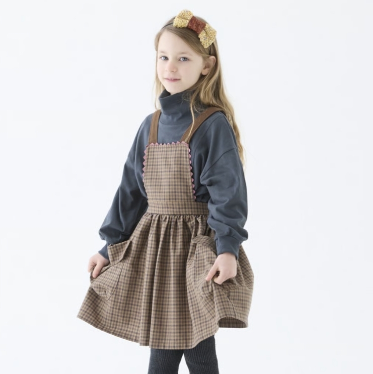 ELFINFOLK 經典格紋拼接粉邊吊帶裙 Country Check Pinafore Dress - brown