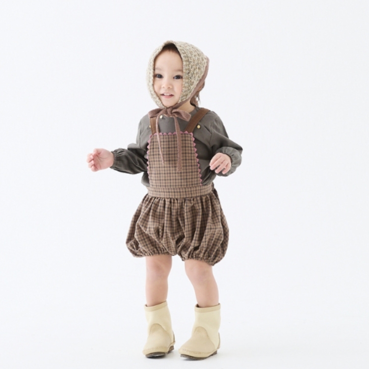 ELFINFOLK 經典格紋拼接粉邊吊帶燈籠褲 Country Check Baby Salopette - brown