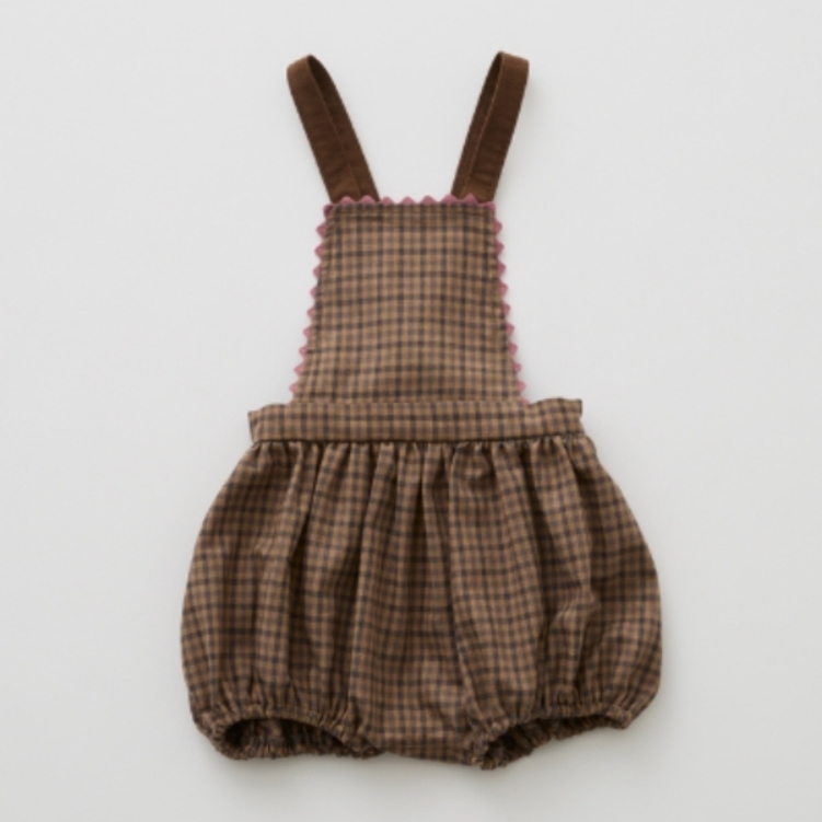 ELFINFOLK 經典格紋拼接粉邊吊帶燈籠褲 Country Check Baby Salopette - brown