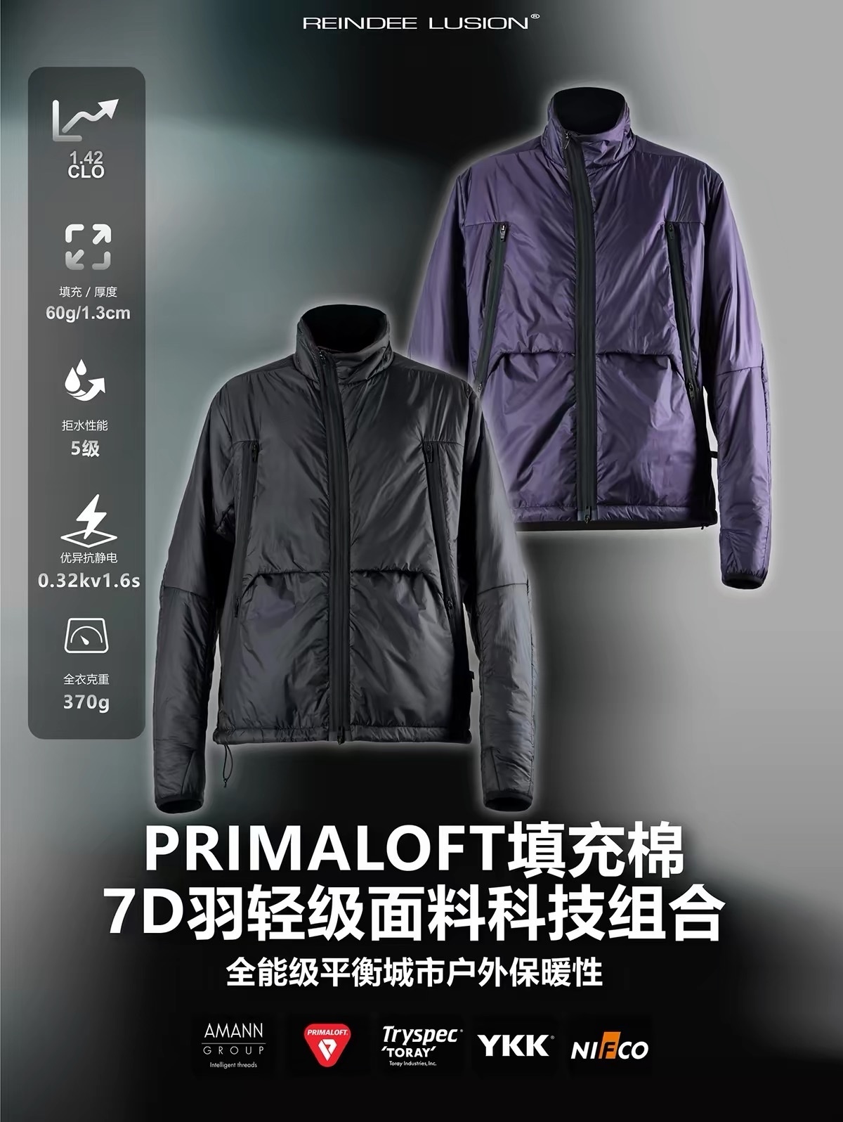 RL | REINDEE LUSION 7D輕量防水Primaloft棉弧拉鍊內膽夾克外套