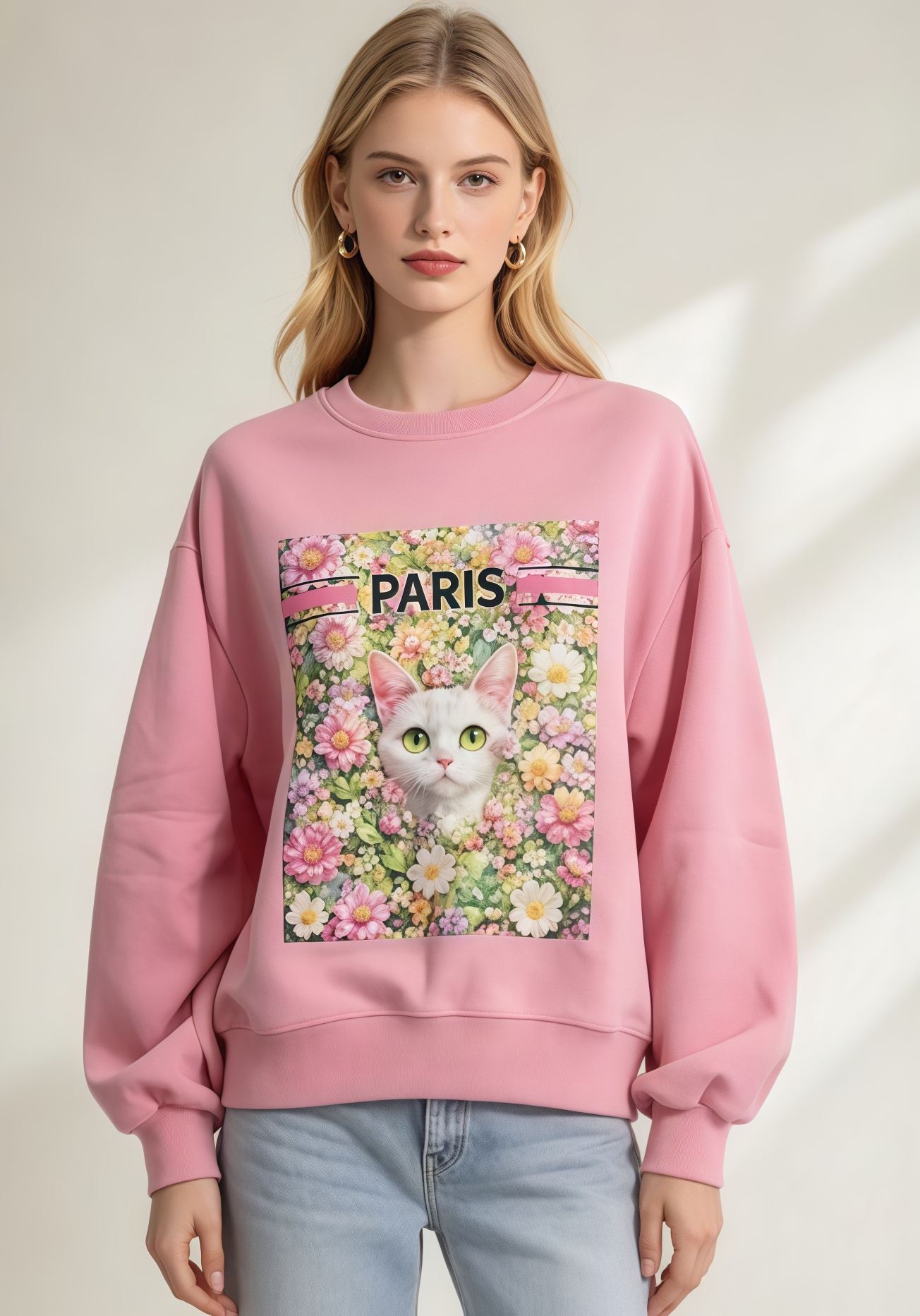 (AQ1) (K ICON獨家款)粉紅色花卉圖案白貓衛衣 (SIZE: S-3XL)(3件以上平均$379/件,5件以上平均$369/件,買滿12件送隱藏)  #法國Lune de Moon #1910LU