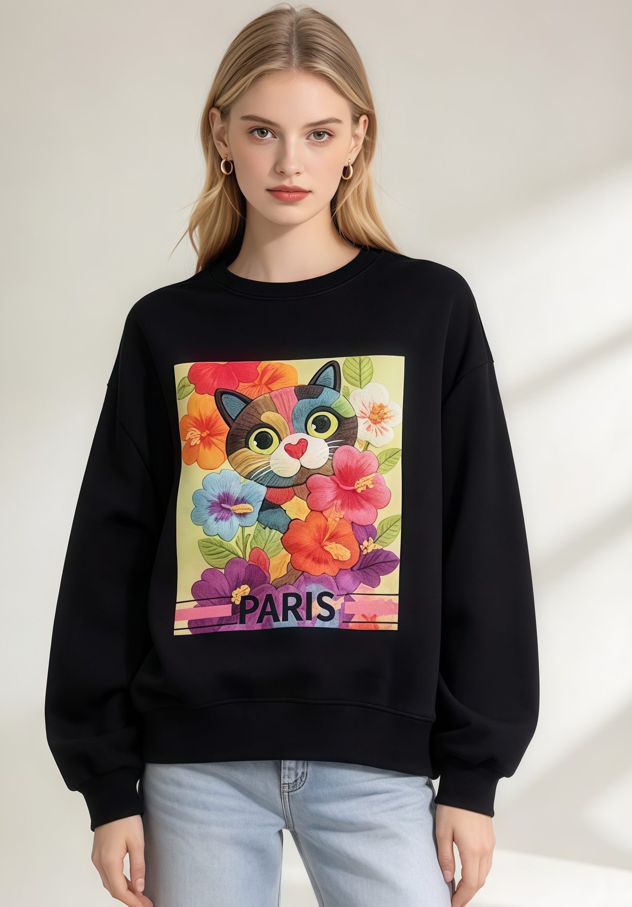 (AR1) (K ICON獨家款)黑色多彩花卉圖案貓咪衛衣(SIZE: S-3XL)(3件以上平均$379/件,5件以上平均$369/件,買滿12件送隱藏)  #法國Lune de Moon #1910LU