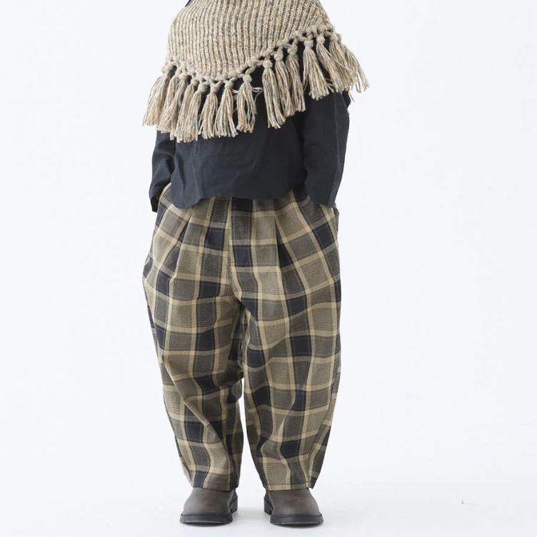 ELFINFOLK 英倫風格紋彎刀褲 Block Check Barrel Pants - beige