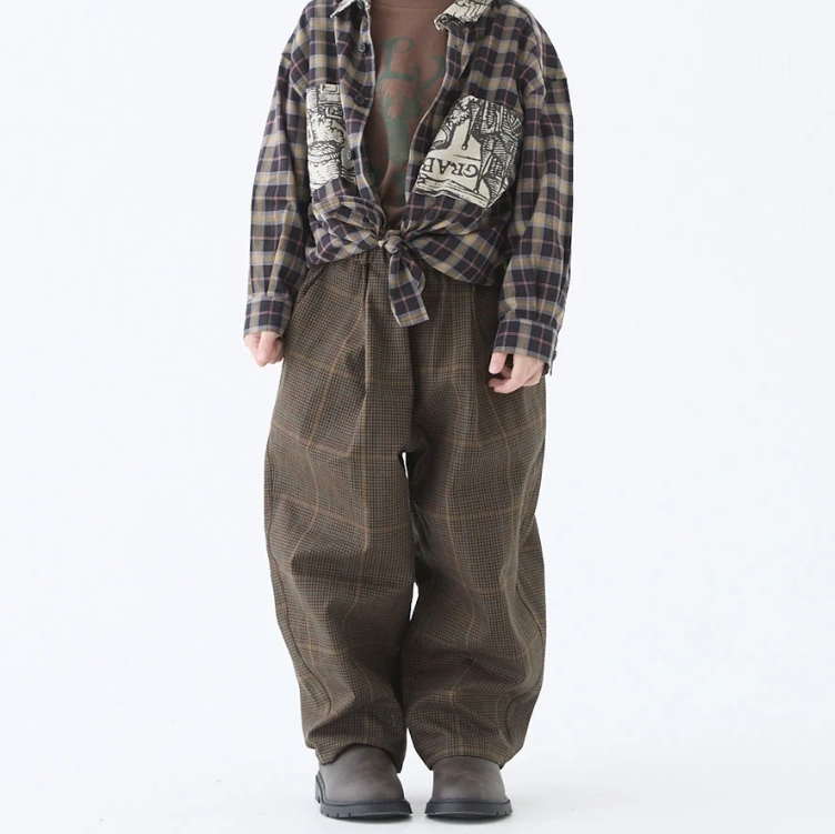 ELFINFOLK 英倫風格紋彎刀褲 Block Check Barrel Pants - dark brown