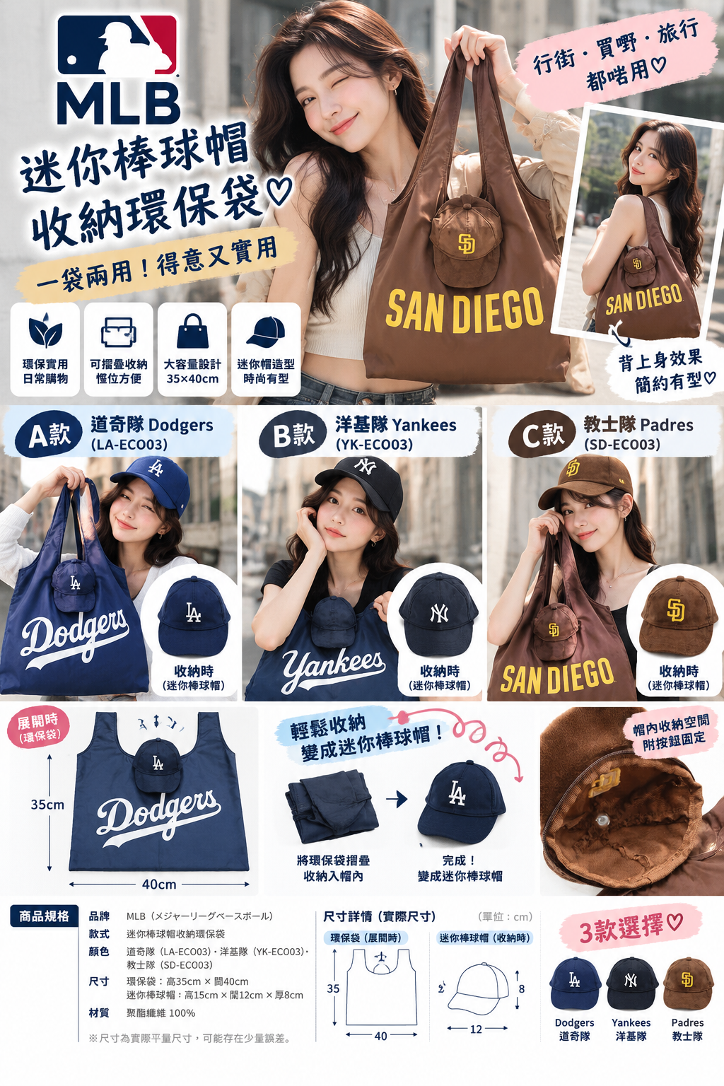 【預購】J101401 MLB 美國職棒｜迷你棒球帽收納環保袋