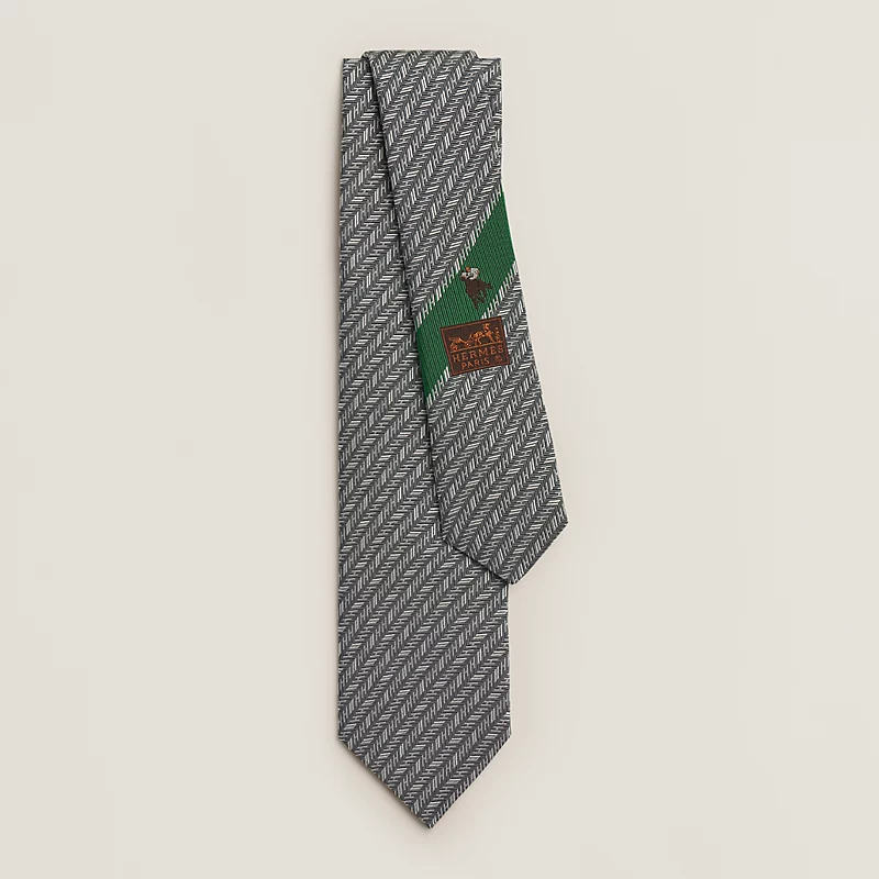 HERMES CHEVRON D H TIE Gris / Blanc NO.70