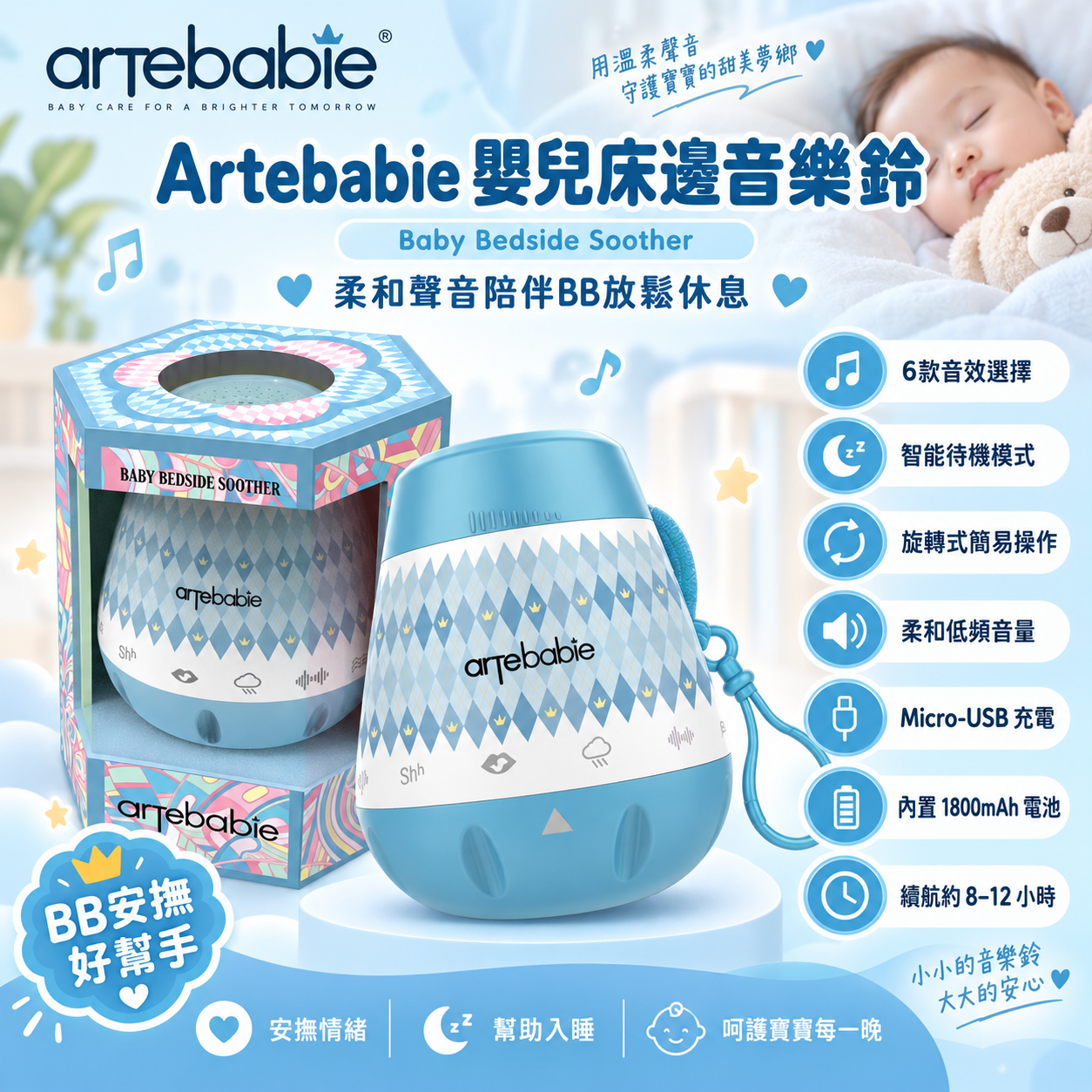 Artebabie 嬰兒床邊音樂鈴 + 嬰兒躺枕 安撫陪伴套裝