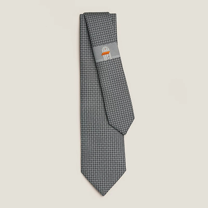 HERMES Mosaique du Faubourg tie Gris Foncé / Gris no.73