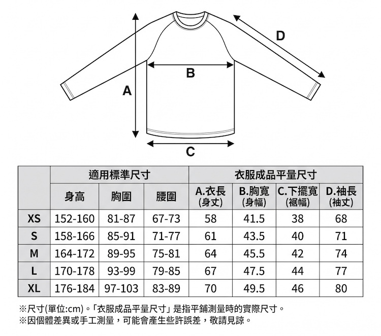 YOROI 鎧武者 YM-1812 滑雪防摔衣尺寸表,提供 XS、S、M、L、XL 之身高、胸圍、腰圍適用標準與衣長、胸寬、下擺寬、袖長平量尺寸