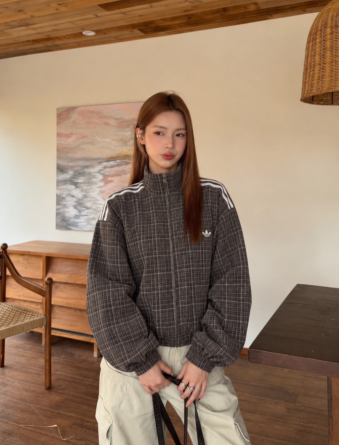 < 老錢風鬆弛VIBE🤎>Adidas 格紋運動外套 寬鬆款
