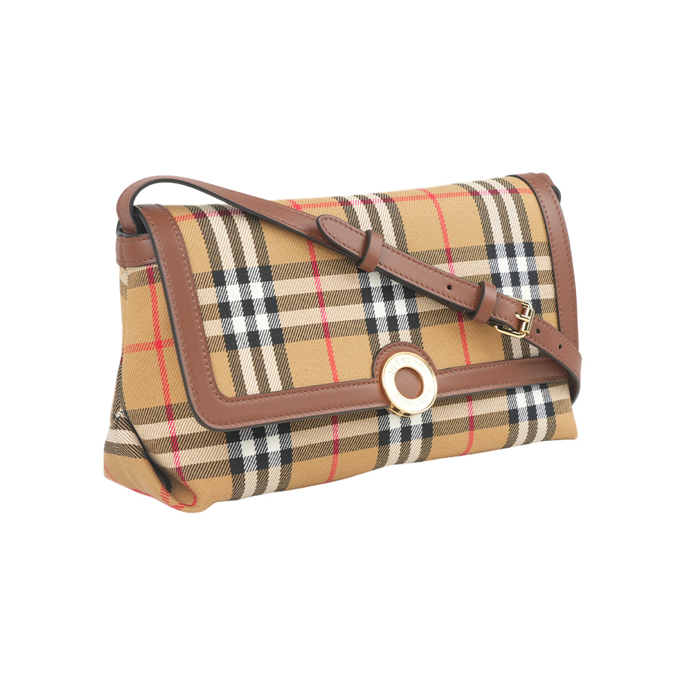 【Burberry】Millie 格紋塗層帆布及牛皮翻蓋斜背包(復古棕)
