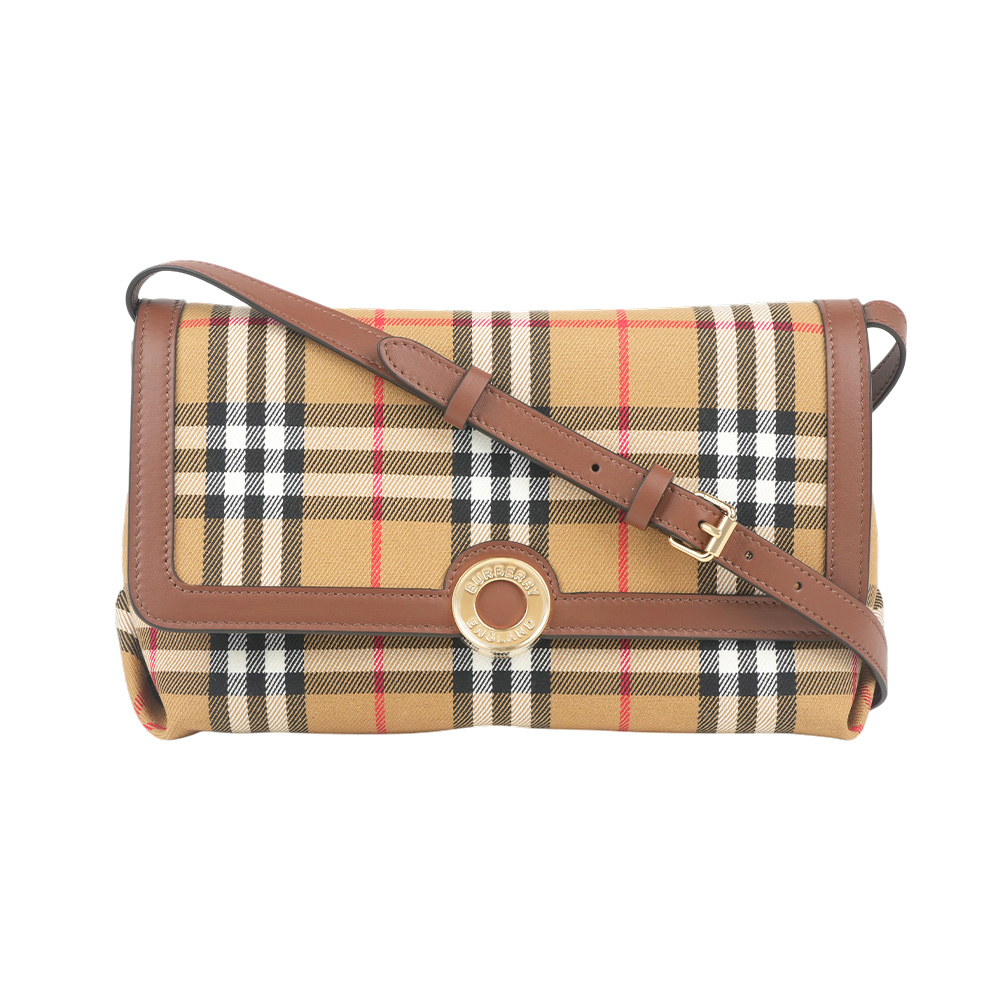 【Burberry】Millie 格紋塗層帆布及牛皮翻蓋斜背包(復古棕)