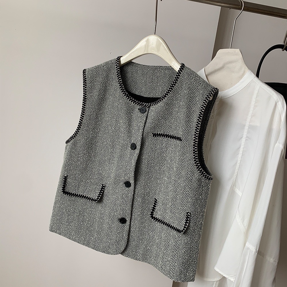 No.4191 人字紋刺繡撞色小香馬甲