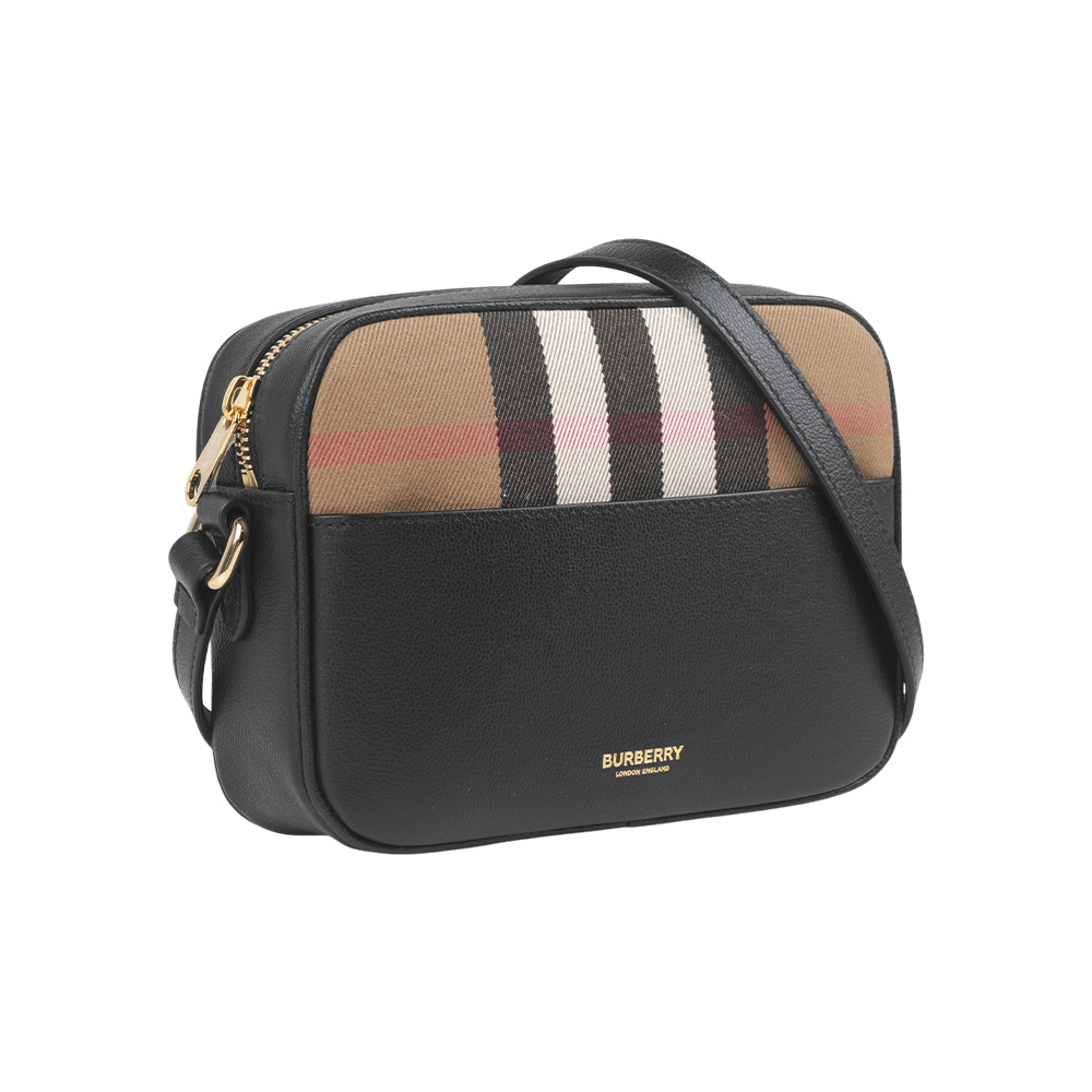 【Burberry】格紋帆布及牛皮小款拉鍊相機包(黑色)