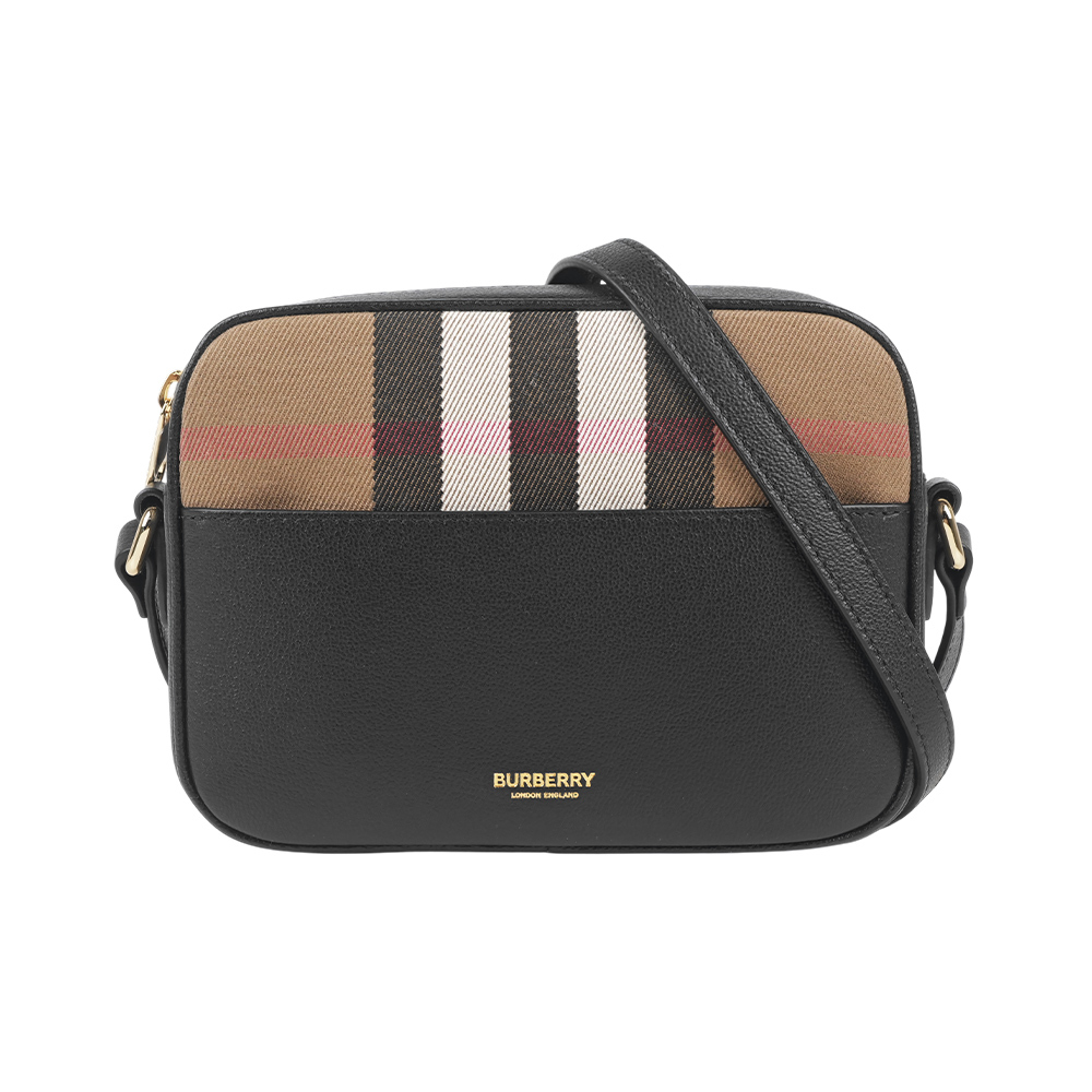【Burberry】格紋帆布及牛皮小款拉鍊相機包(黑色)