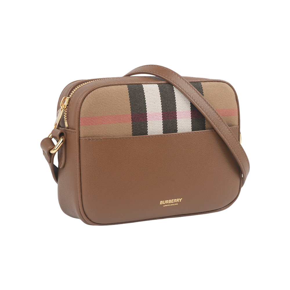【Burberry】格紋帆布及牛皮小款拉鍊相機包(土棕色)