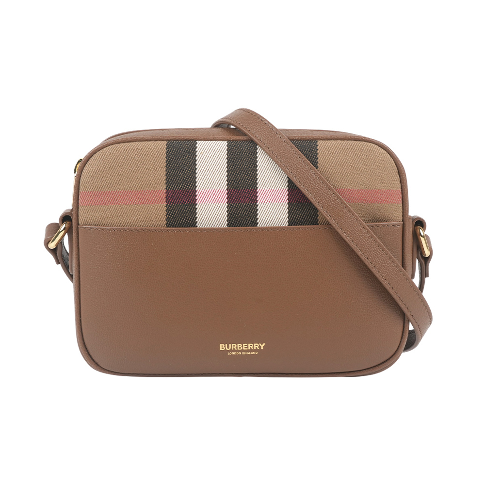 【Burberry】格紋帆布及牛皮小款拉鍊相機包(土棕色)