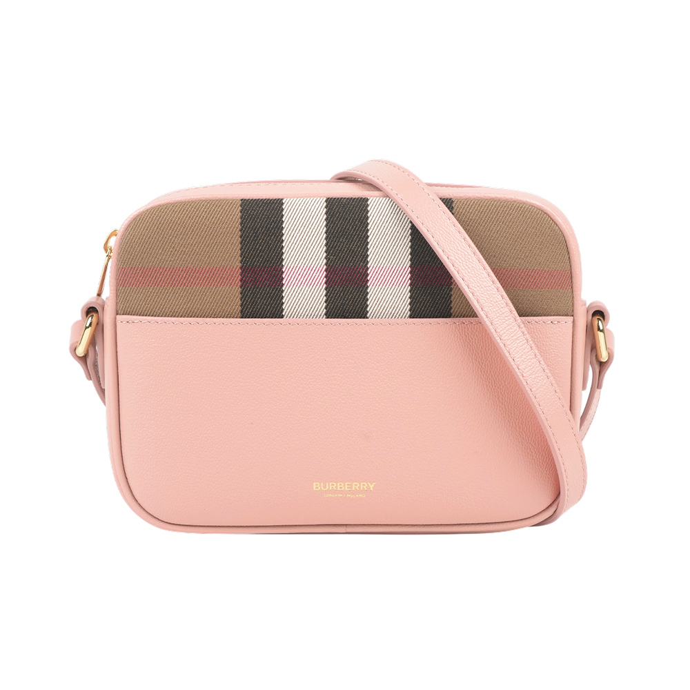 【Burberry】格紋帆布及牛皮小款拉鍊相機包(灰粉色)