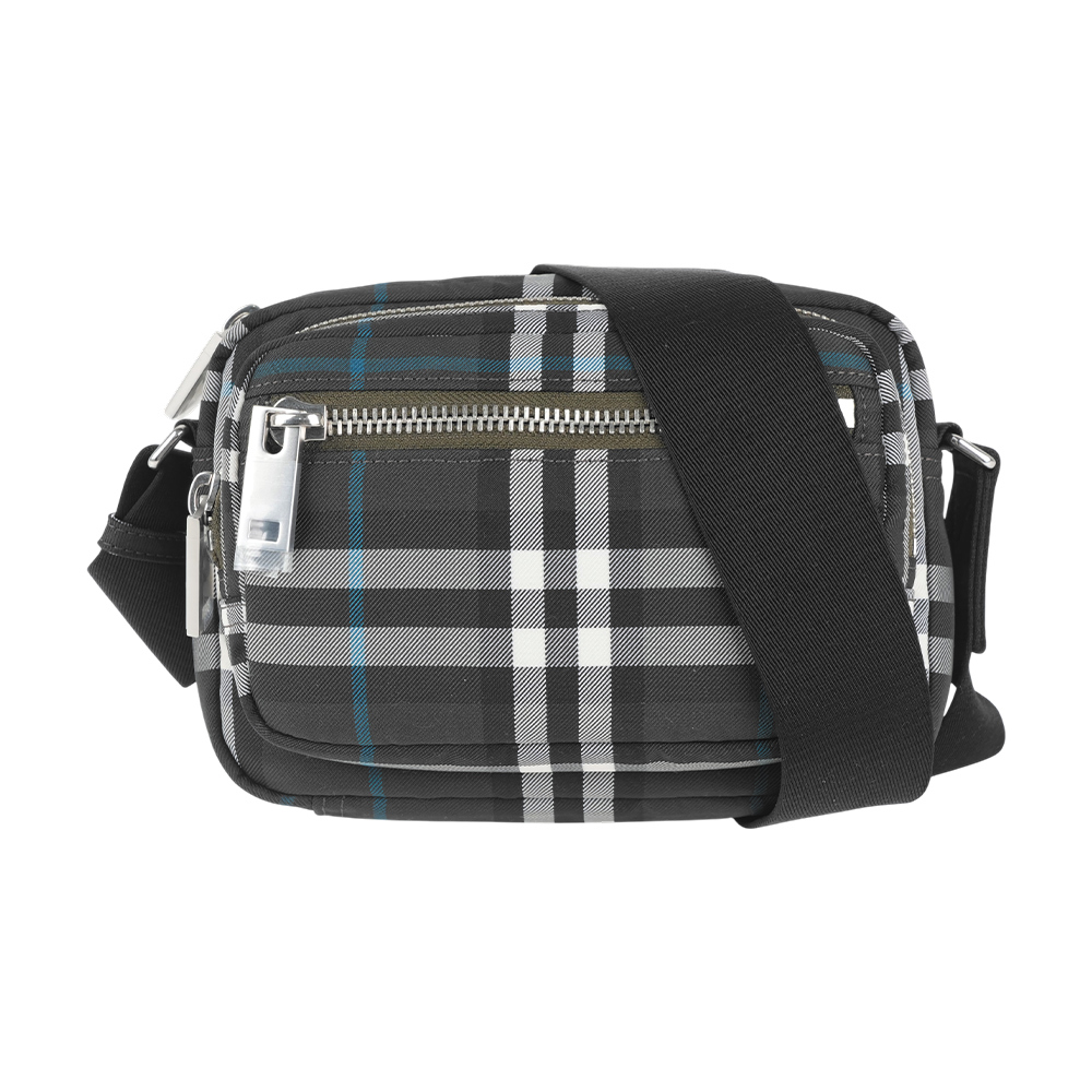 【Burberry】Warner 格紋帆布前口袋拉鍊斜背包(暖棕色)
