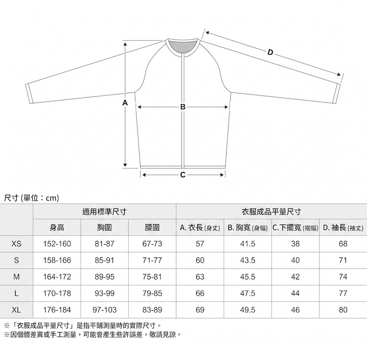 YOROI 鎧武者 YM-1735 滑雪防摔衣尺寸對照表,標示 XS 至 XL 的適用身高、胸圍、腰圍及衣長平鋪測量數據