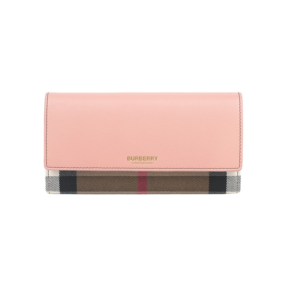 【Burberry】Halton 大格紋帆布及牛皮翻蓋二折長夾(灰粉色)