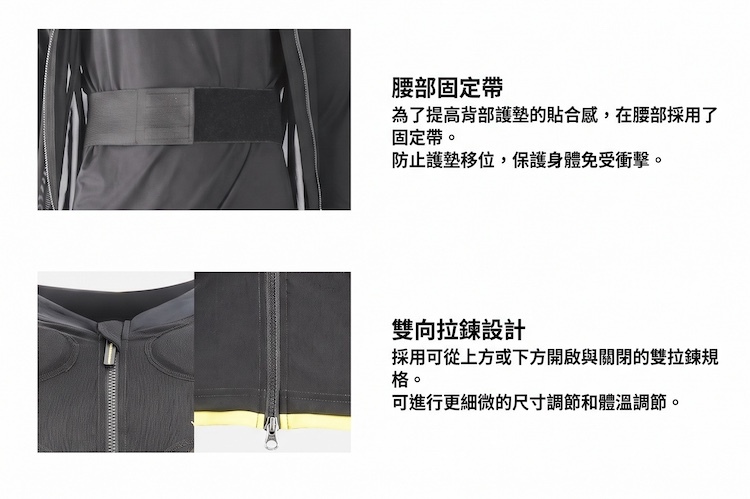 YOROI 鎧武者防摔衣細節功能展示,呈現腰部貼合魔鬼氈固定帶以及前胸雙向調節拉鍊機構,提供更細微的尺寸與體溫調節