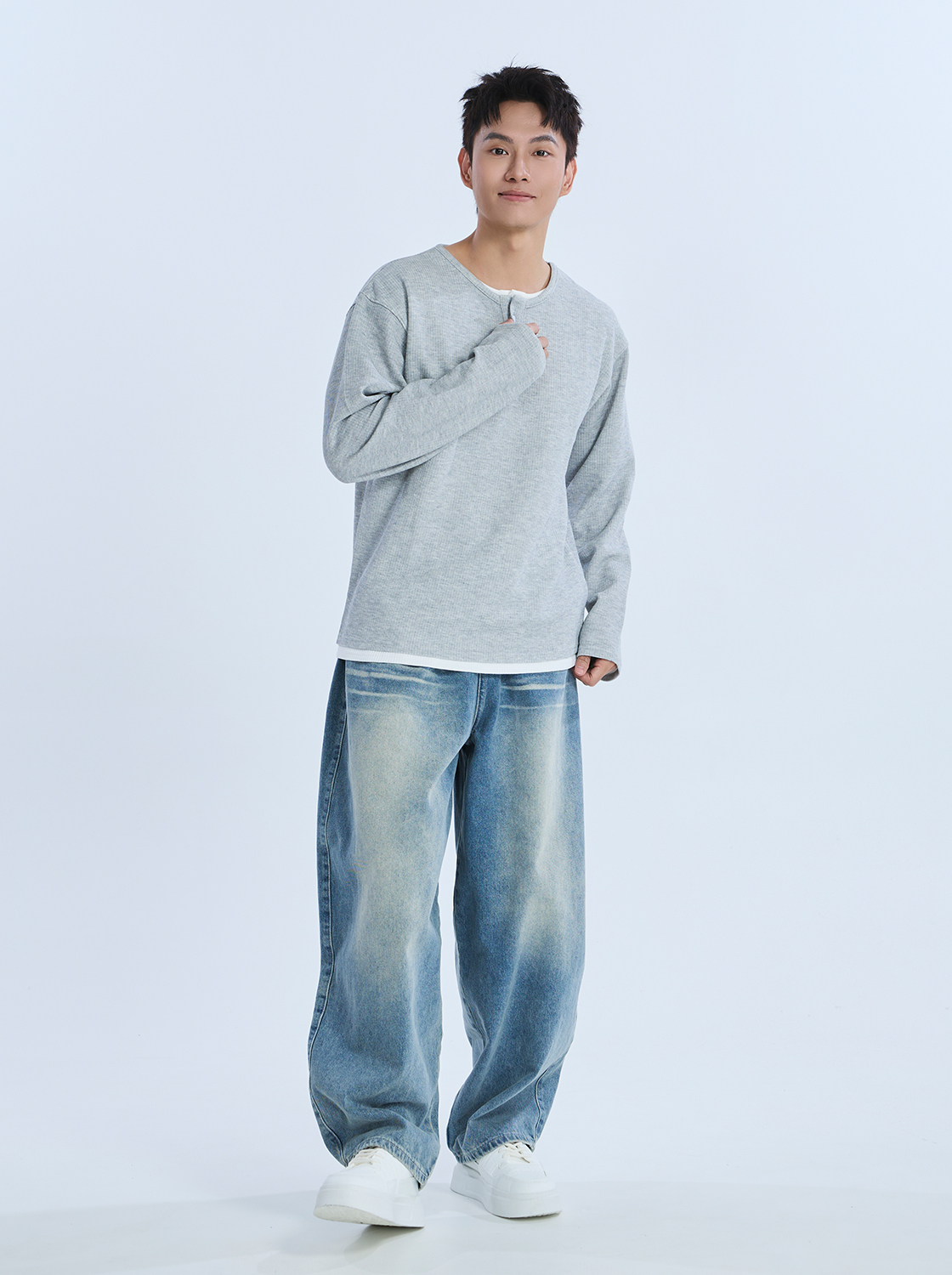 坑條肌理感假兩件開襟長TEE