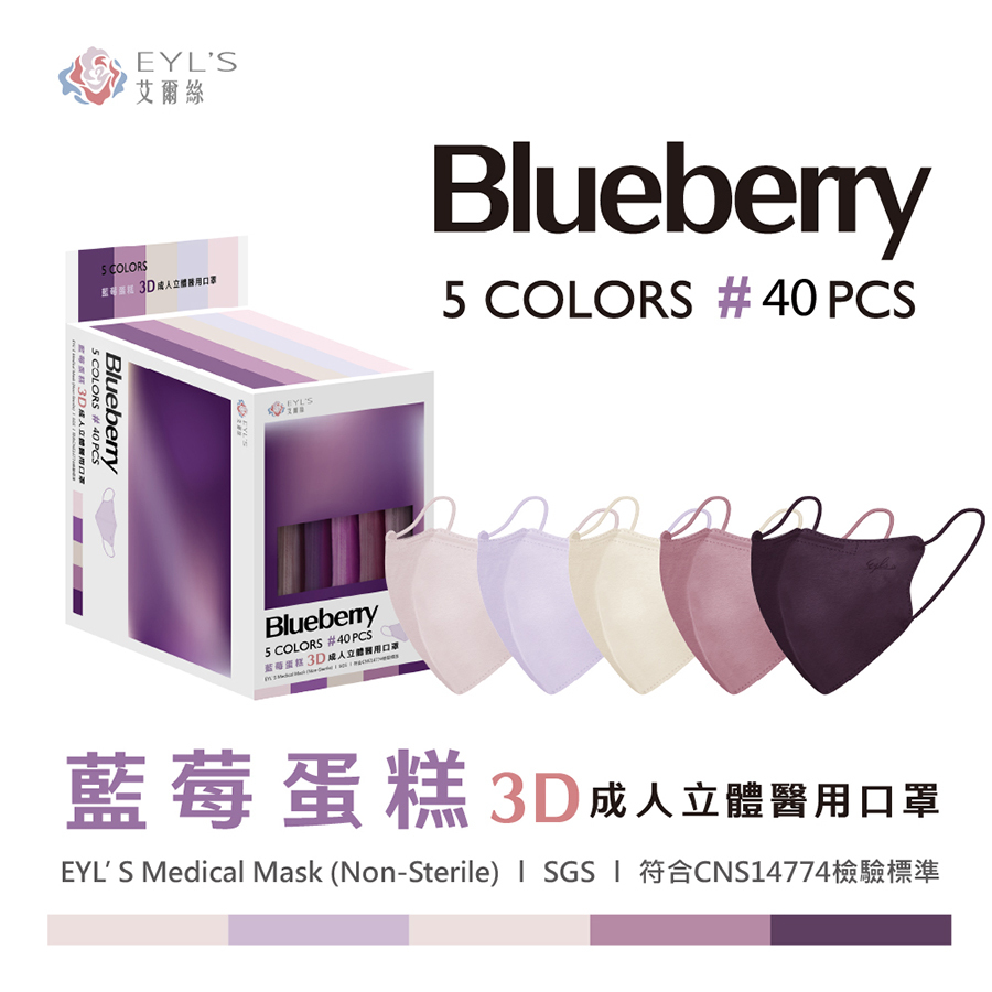 【艾爾絲】藍莓蛋糕 3D成人立體醫療口罩 40入/盒-PANTONE系列（一盒5色，每色8片）