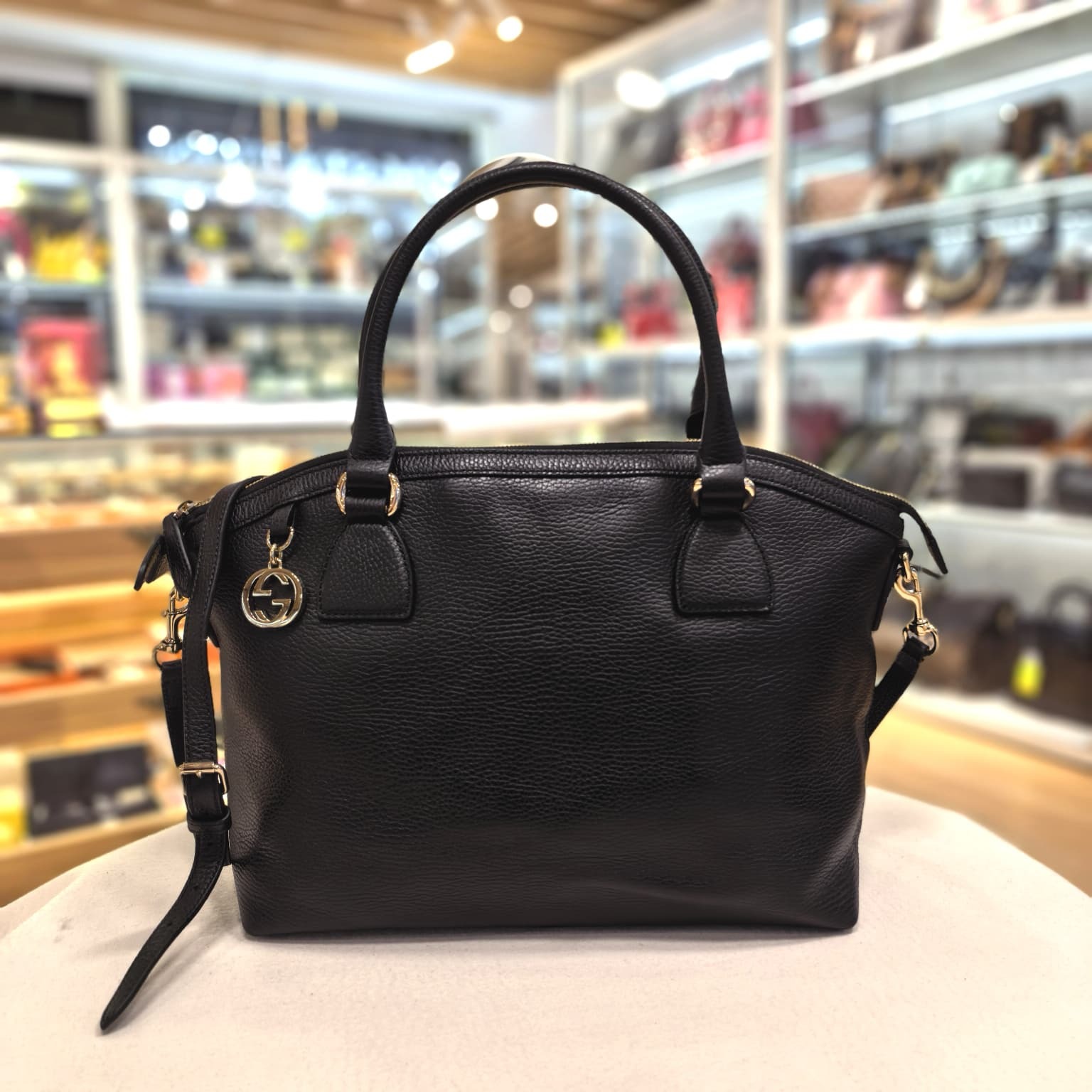 98%NEW USED GUCCI, 449661,黑色防花粒面牛皮, GG Charm Dome Satchel  Tote Bag , #香榭站正品