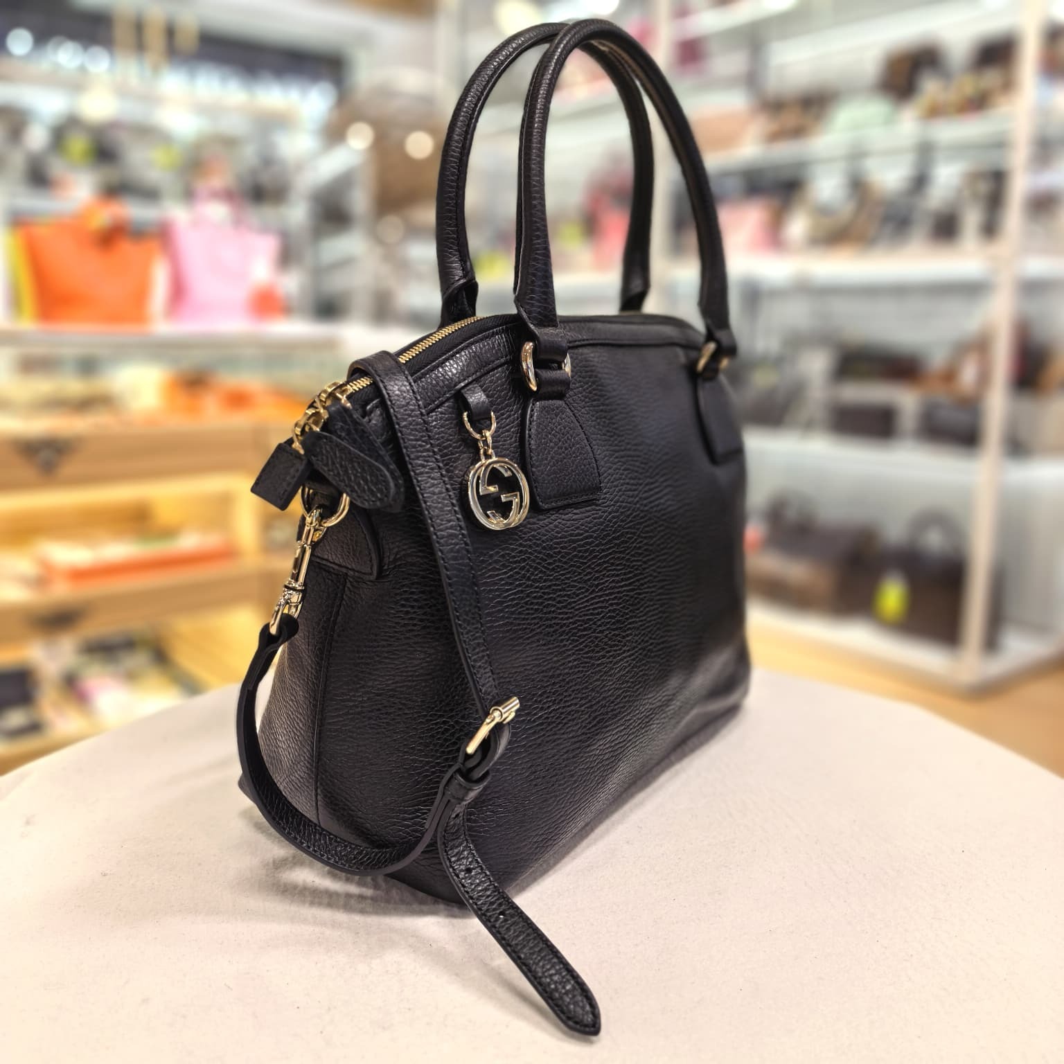 98%NEW USED GUCCI, 449661,黑色防花粒面牛皮, GG Charm Dome Satchel  Tote Bag , #香榭站正品