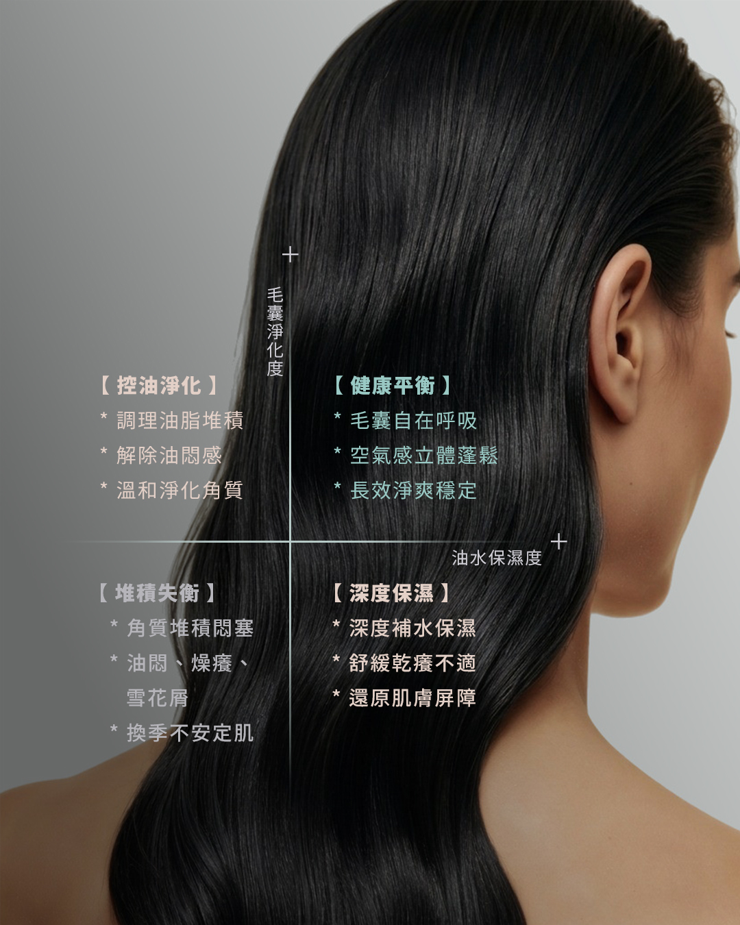 頭皮油水保濕度與毛囊淨化度四象限圖