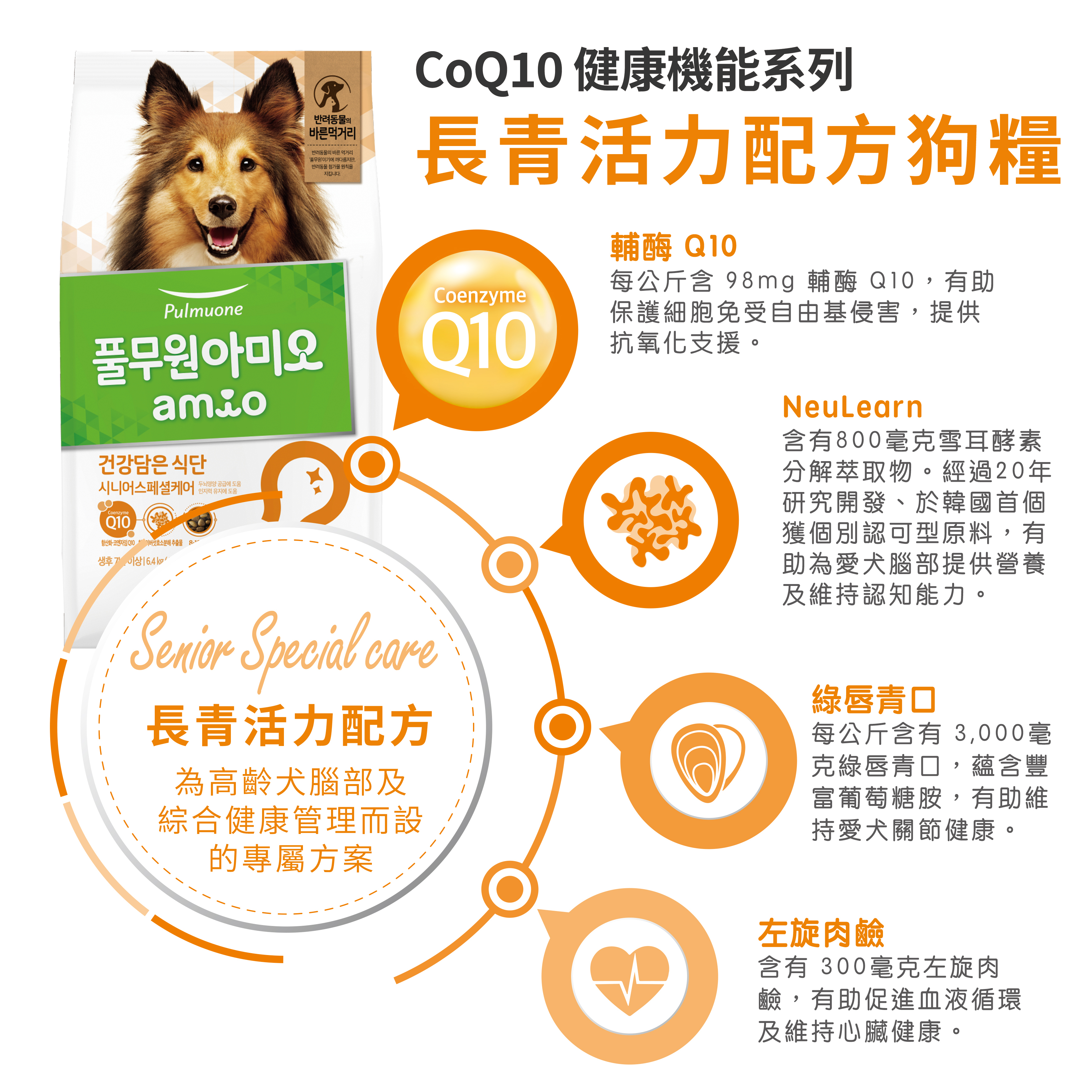 Amio 韓國Q10健康機能狗糧 長青活力老犬配方 1kg裝 x 2袋 (200g x 10袋)