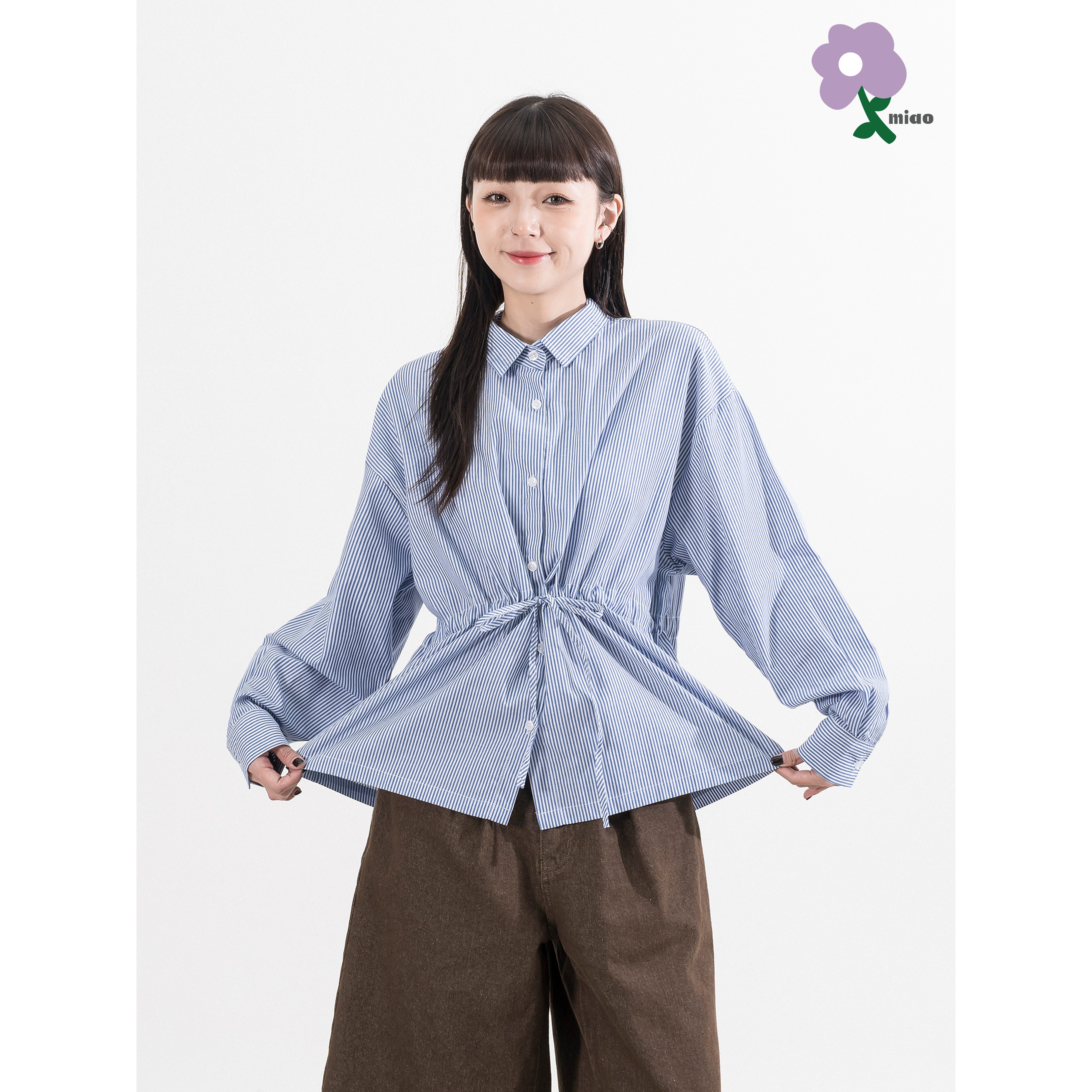 MIAO Straps Stripe LS Shirts 女裝 綁帶條紋 長袖襯衫 [M-SH03]