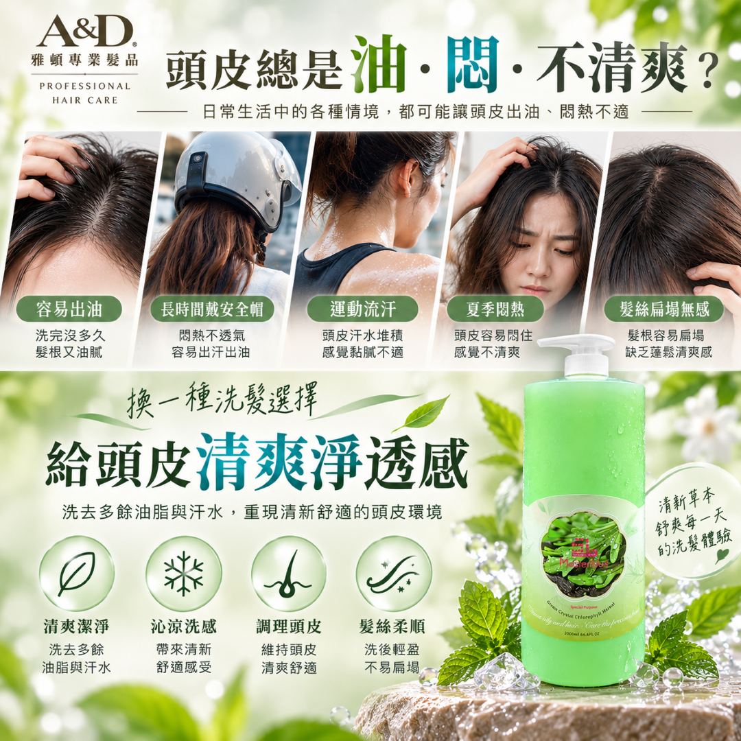 A&D雅頓葉綠素草本洗髮精2000ml，介紹頭皮容易出油、長時間戴安全帽、運動流汗及夏季悶熱等日常情境，幫助洗去多餘油脂與汗水，享受清爽潔淨的洗髮感受。