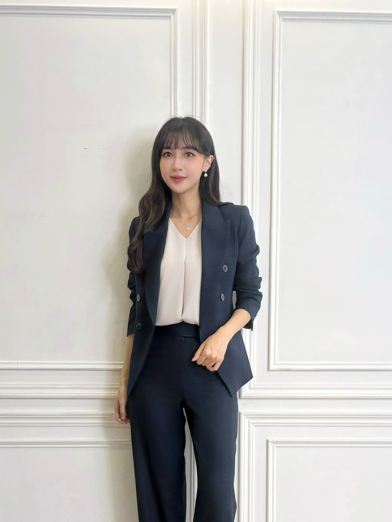 深藍袖條紋西裝套裝