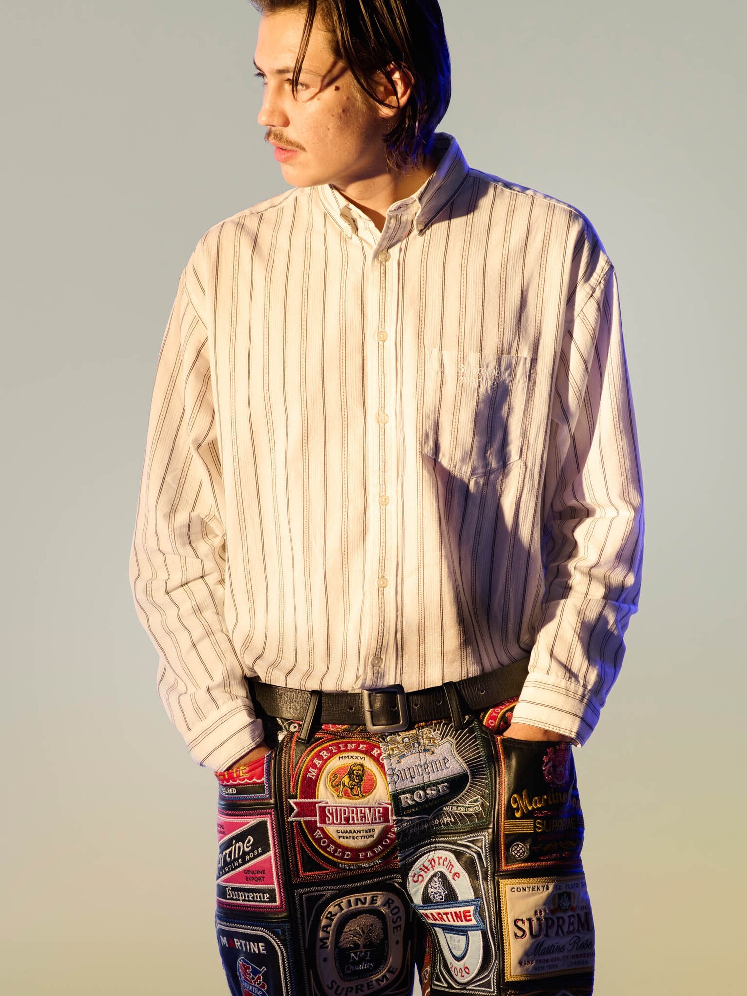 SUPREME X MARTINE ROSE METALLIC STRIPE SHIRT (白灰/黑紅) 金絲條紋襯衫