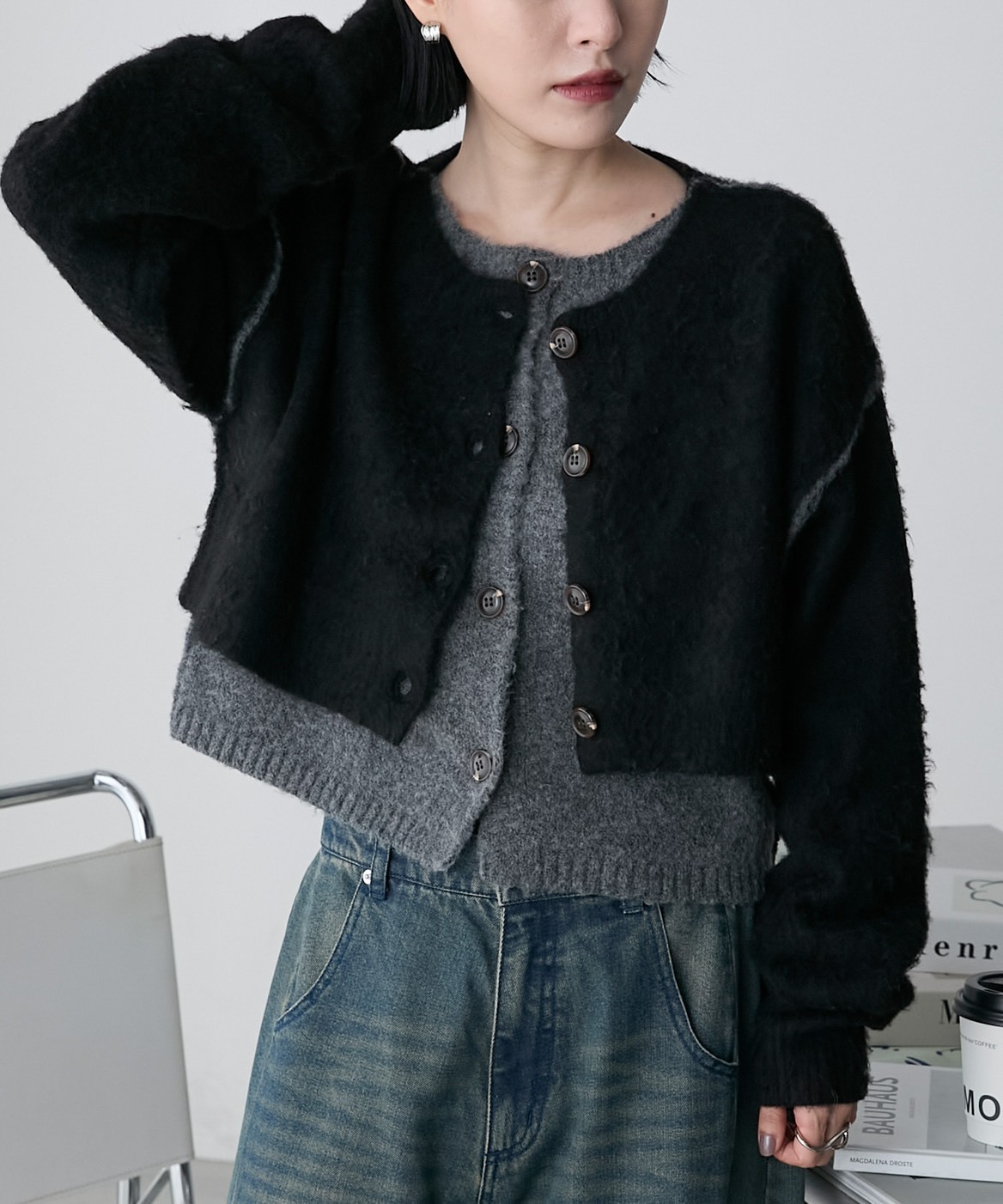日本 forksy.混色 拉絨 假2件 短版 針織 開襟衫 5色
