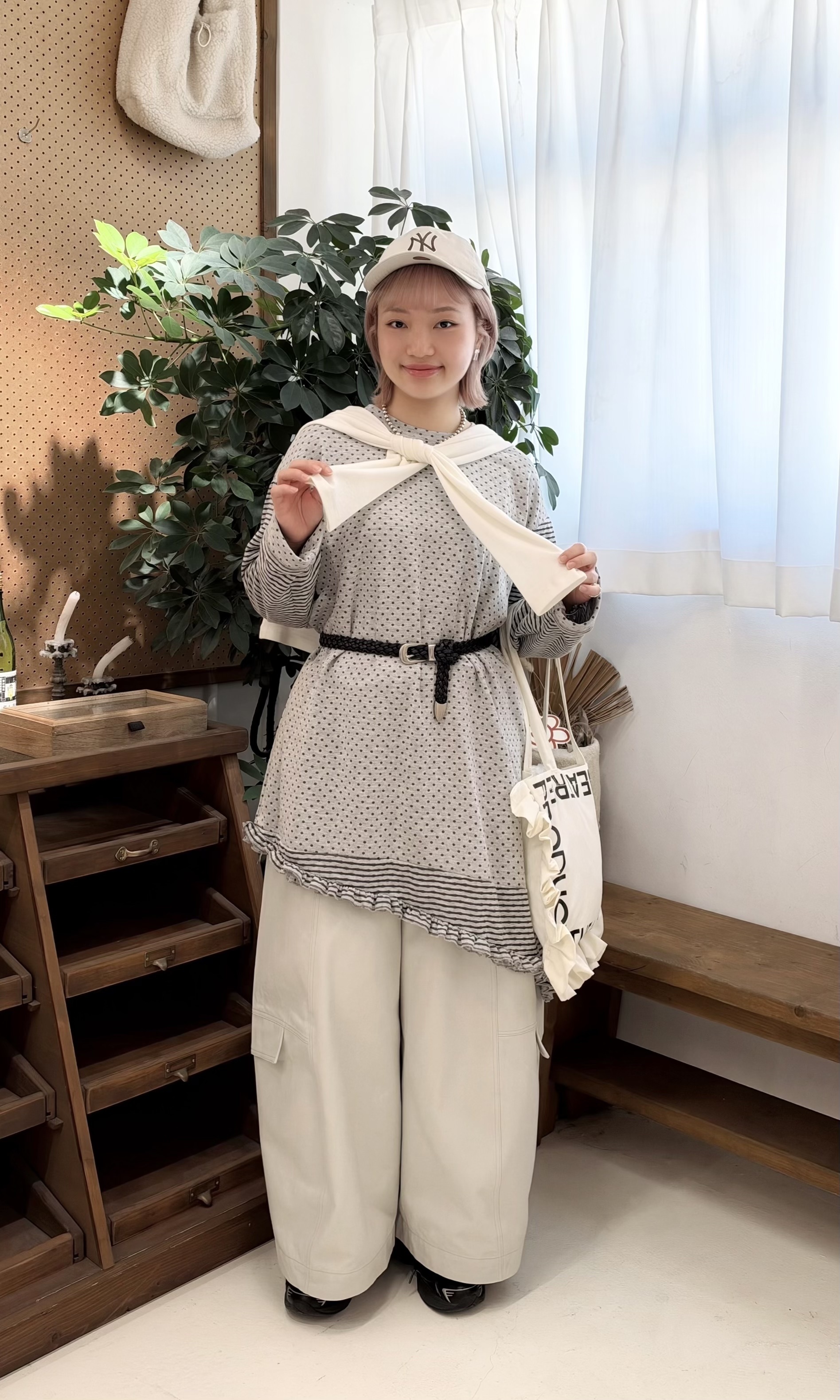 波點拼橫紋ruffle底中長闊Tee