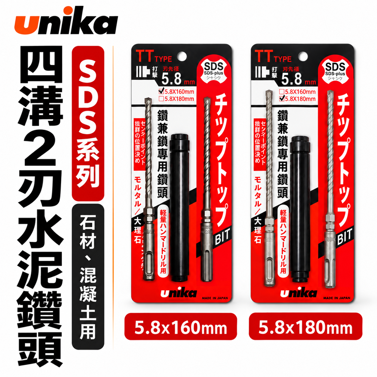 UNIKA 日本｜5.8mm 長160mm 180mm｜四溝水泥鑽頭鑽兼鎖 SDS 四溝2刃水泥鑽尾 免出力電鑽用鑽掛鎖