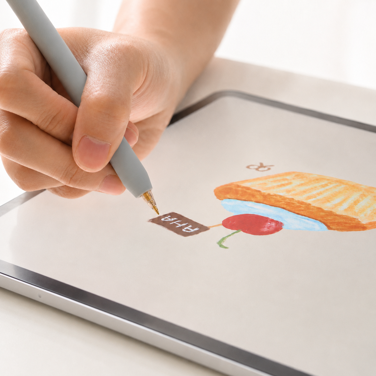 使用者手持裝有金屬筆尖與灰色筆套的 Apple Pencil，在 iPad 上繪製甜點插畫