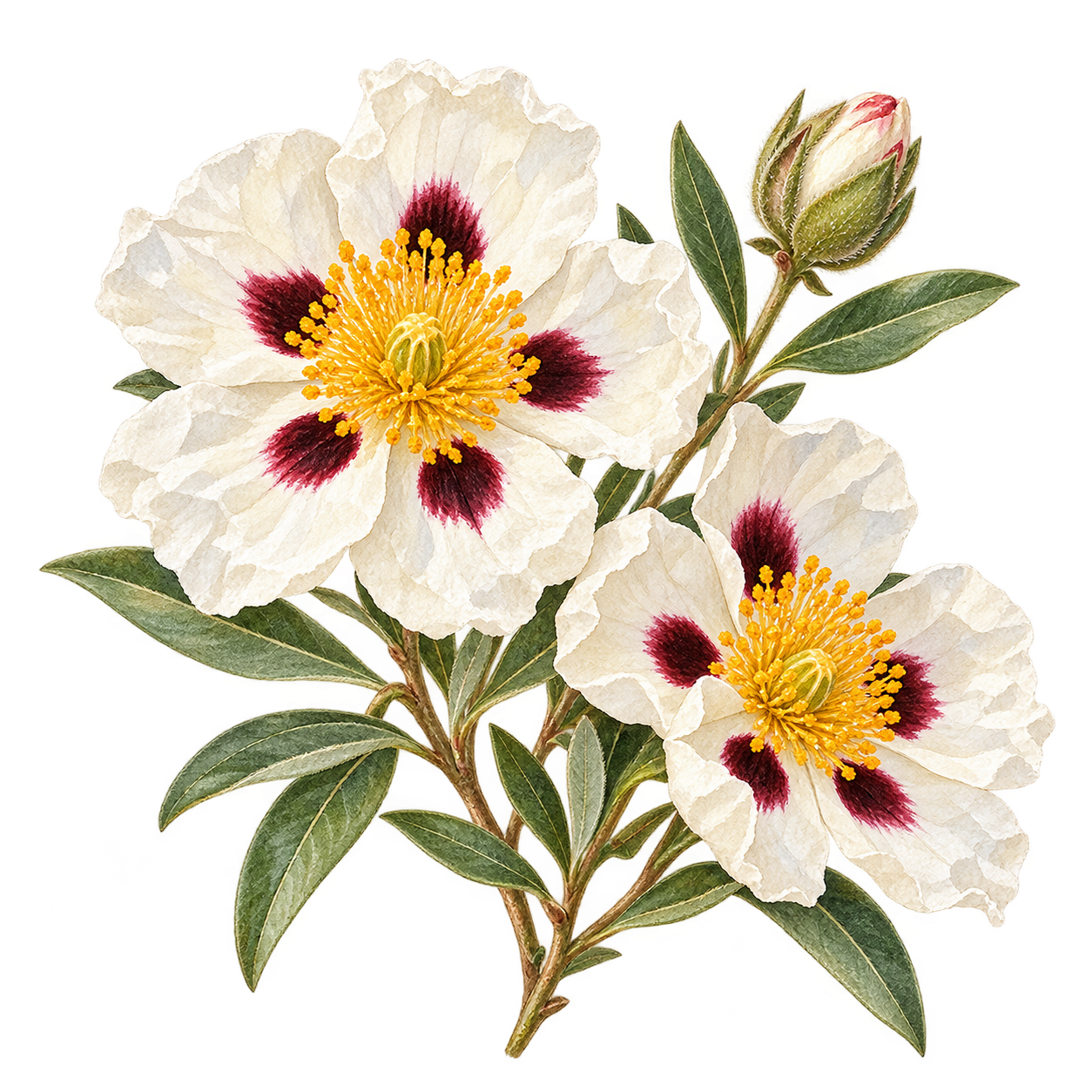 岩玫瑰白花與綠葉水彩插畫