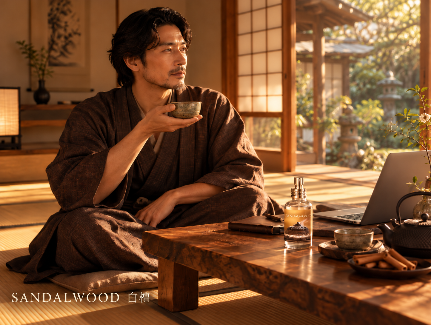 SANDALWOOD 白檀香水情境圖,成熟男子在傳統日式茶室手捧茶碗,享受午後陽光與寧靜時光,展現沉穩從容的生活品味。