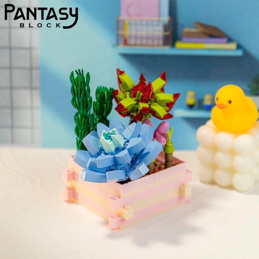 【PANTASY 拼奇】多肉花園系列 永生花束 晨曦之藍 收藏積木(15100) strc